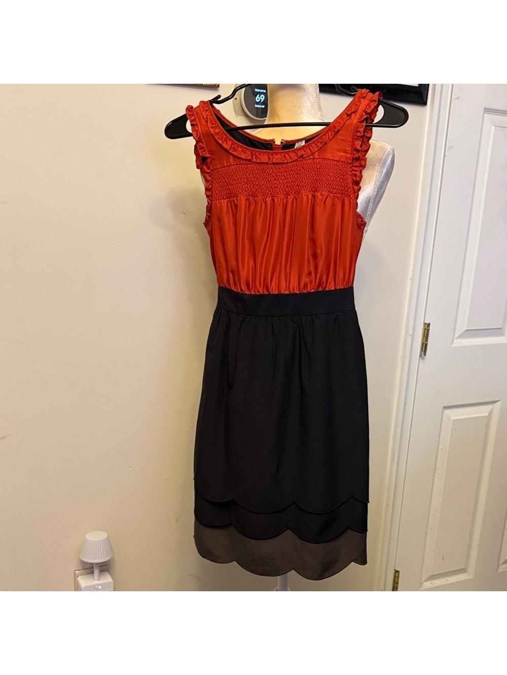 Maeve Burnt Orange & Black Ruffle Smocked-Waist Midi Dress